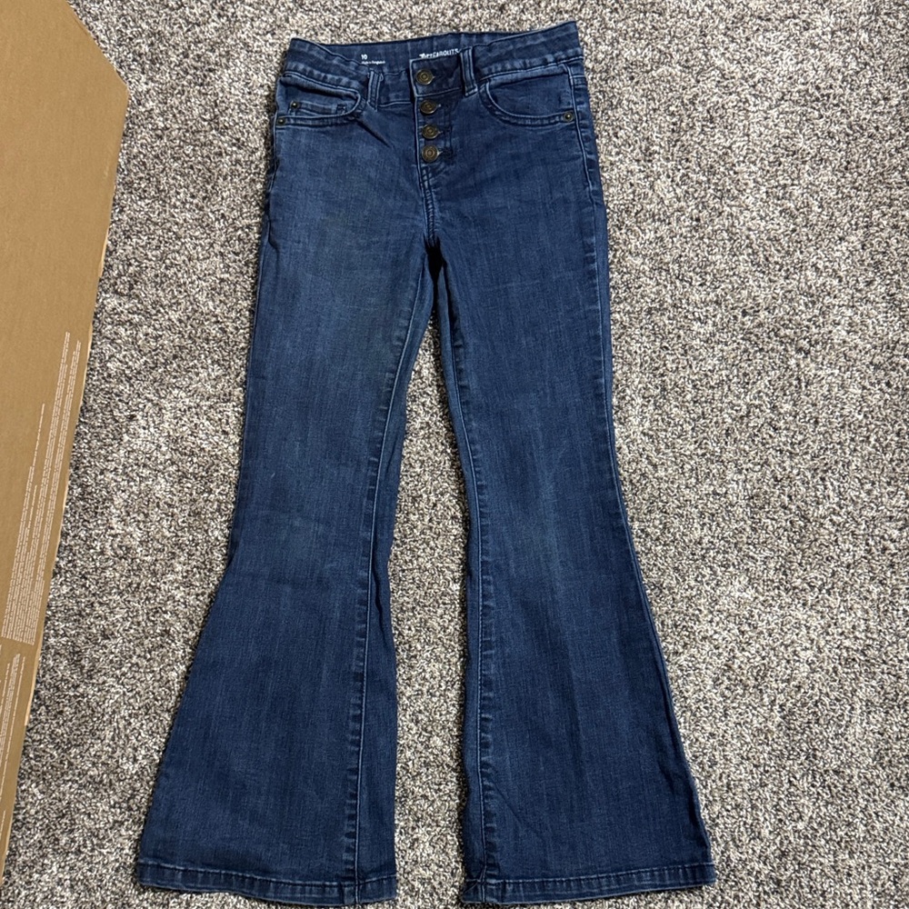 Girls Dark Blue Flare Jeans - High Waist Button Front